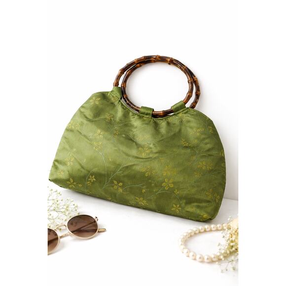 Vintage Handbags - Vintage Green Satin Floral Bamboo Handle Bag Small Handbag